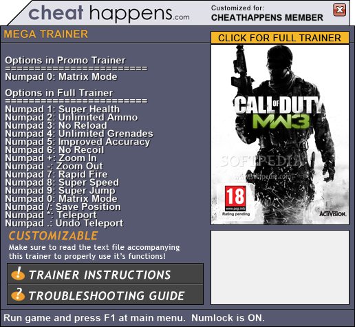 Call of Duty: Modern Warfare 3 +1 Trainer - screenshot #1